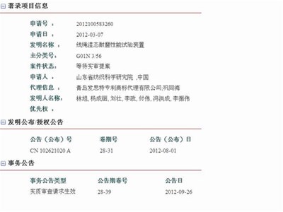 绳湿态耐磨性能试验装置（申请号为201210058326.0）进入实质审查阶段